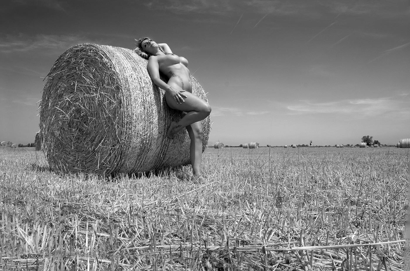 nu artistique près d'une meule de foin